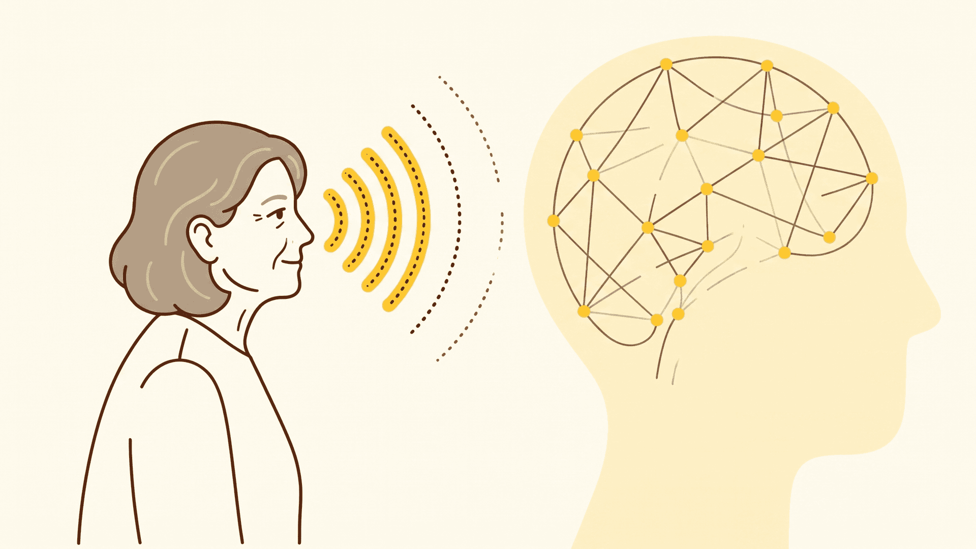 Illustration of an older woman with sound waves fading before they reach her ear, beside a head shape holding a web of connections.