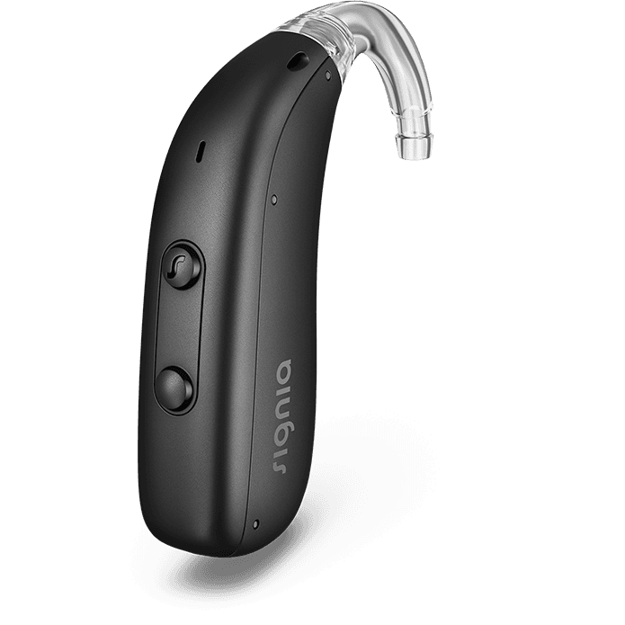 A Signia Orion behind-the-ear (BTE) hearing aid
