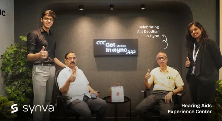 Ajit Deodhar, celebrating their new hearing at Synva's Hyderabad Experience Centre