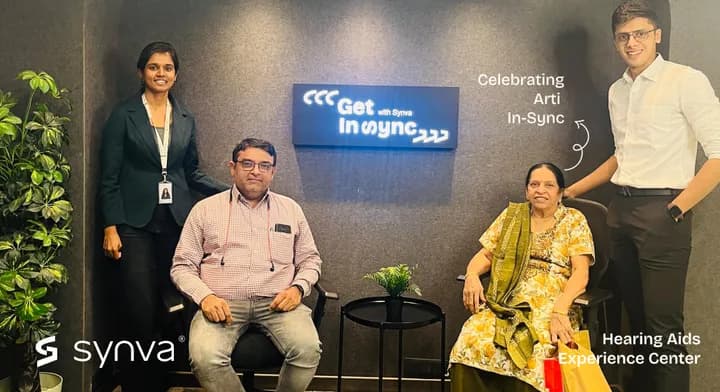 Arti Popat, celebrating their new hearing at Synva's Hyderabad Experience Centre
