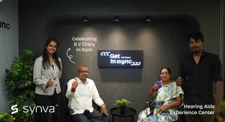 B V Chary, celebrating their new hearing at Synva's Hyderabad Experience Centre