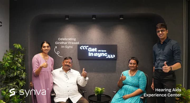 Giridhar Prasad, celebrating their new hearing at Synva's Hyderabad Experience Centre