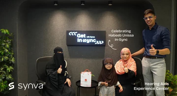 Habeeb Unissa, celebrating their new hearing at Synva's Hyderabad Experience Centre
