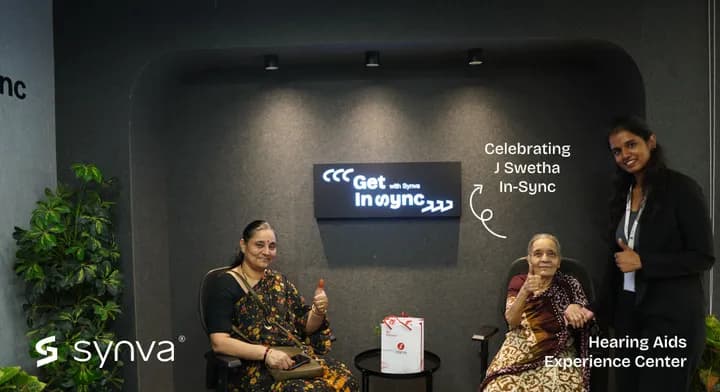 J Swetha, celebrating their new hearing at Synva's Hyderabad Experience Centre