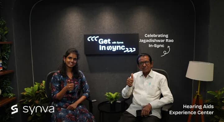 Jagadishwar Rao, celebrating their new hearing at Synva's Hyderabad Experience Centre
