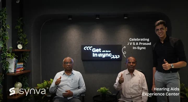 J V S A Prasad, celebrating their new hearing at Synva's Hyderabad Experience Centre