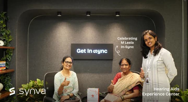 M Leela, celebrating their new hearing at Synva's Hyderabad Experience Centre