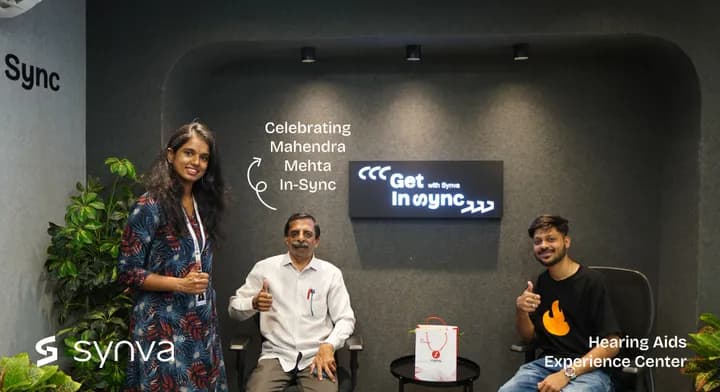 Mahendra Mehta, celebrating their new hearing at Synva's Hyderabad Experience Centre