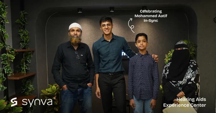Mohammed Aatif, celebrating their new hearing at Synva's Hyderabad Experience Centre