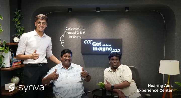 Prasad G S V, celebrating their new hearing at Synva's Hyderabad Experience Centre