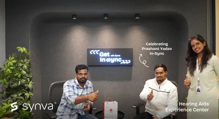 Prashant Yadav, celebrating their new hearing at Synva's Hyderabad Experience Centre