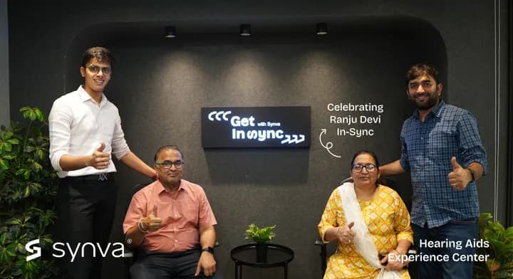 Ranju Devi, celebrating their new hearing at Synva's Hyderabad Experience Centre