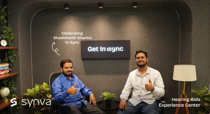Shashikanth Sharma, celebrating their new hearing at Synva's Hyderabad Experience Centre