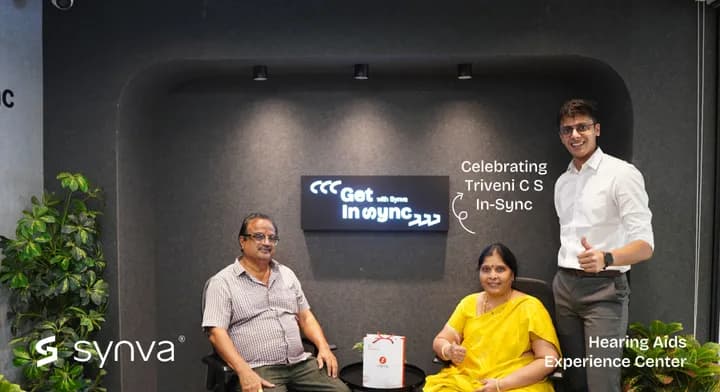 Triveni C S, celebrating their new hearing at Synva's Hyderabad Experience Centre