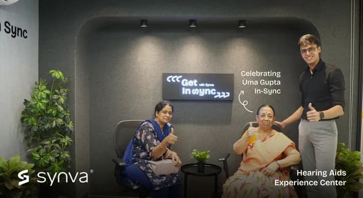 Uma Gupta, celebrating their new hearing at Synva's Hyderabad Experience Centre