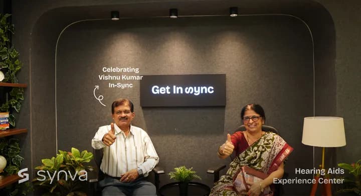 Vishnu Kumar, celebrating their new hearing at Synva's Hyderabad Experience Centre
