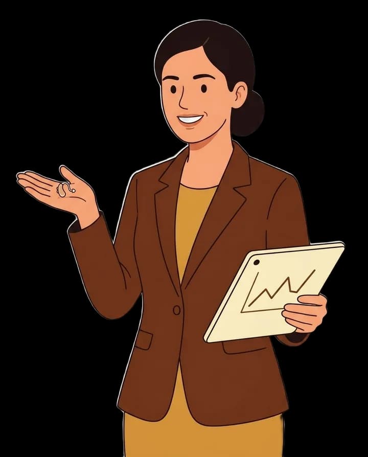 Illustration of a young professional audiologist in a tailored blazer holding a tablet with a hearing chart, presenting a tiny hearing aid on her open palm