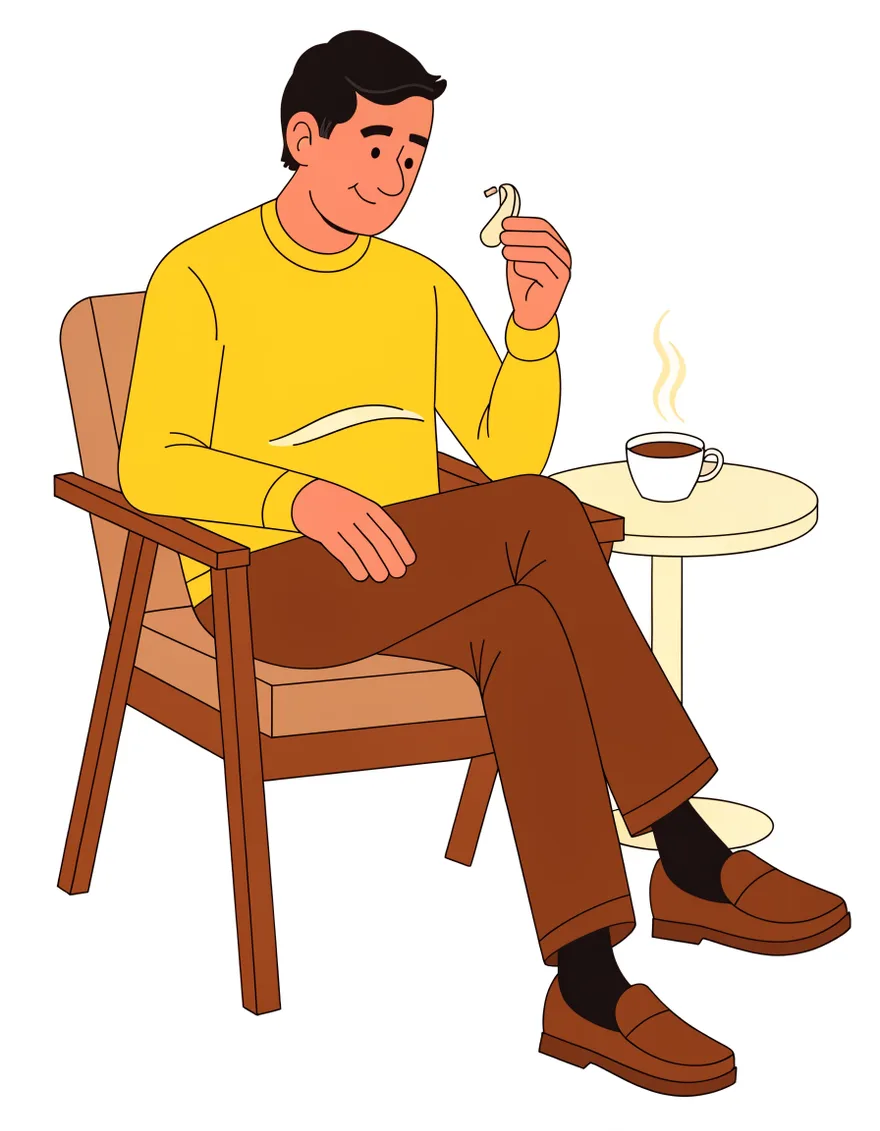 Illustration of a man relaxing in an armchair with a cup of chai, calmly examining a small hearing aid