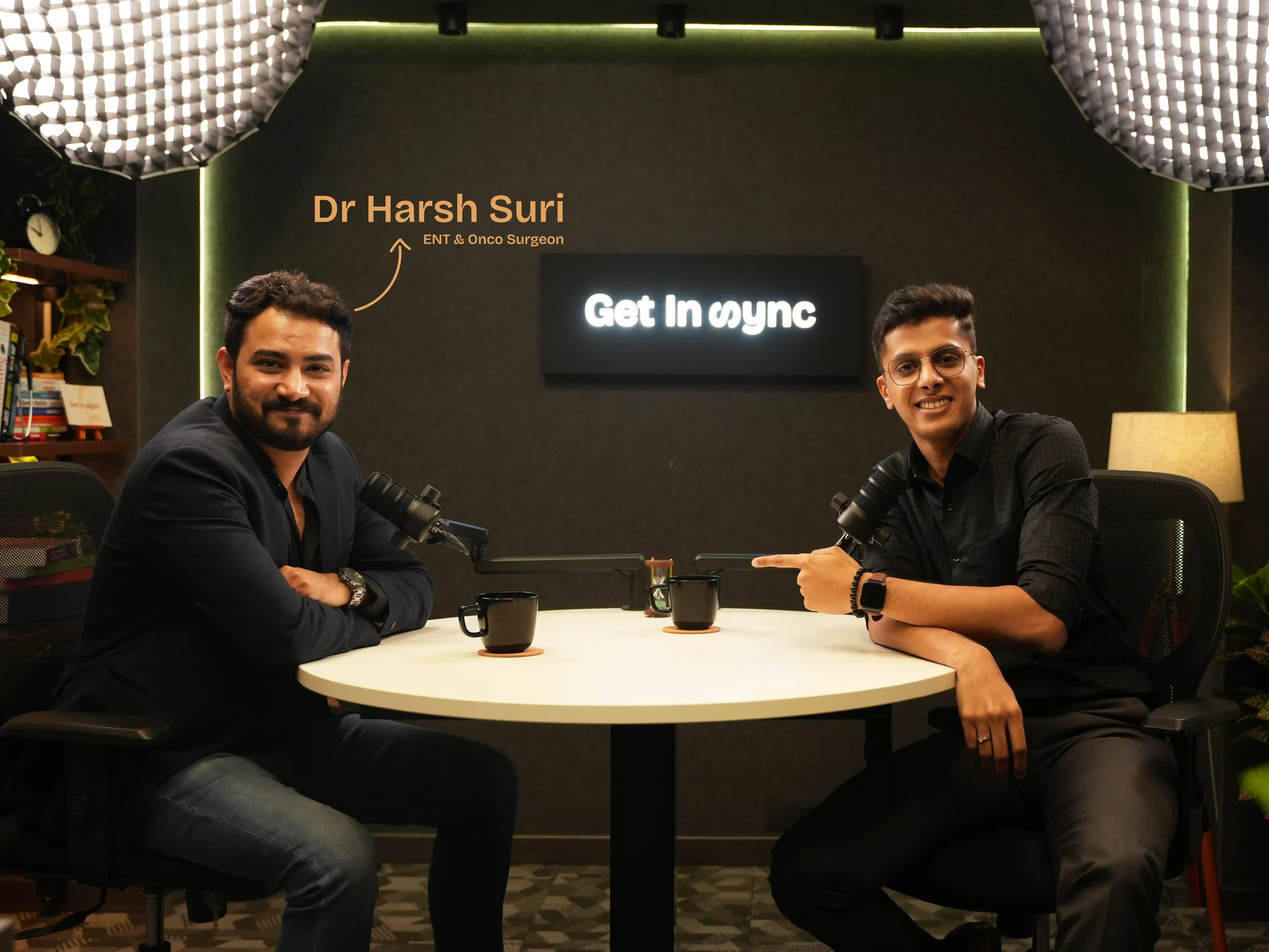Dr Harsh Suri, ENT and onco surgeon, recording an episode of the Get In Sync podcast with Synva