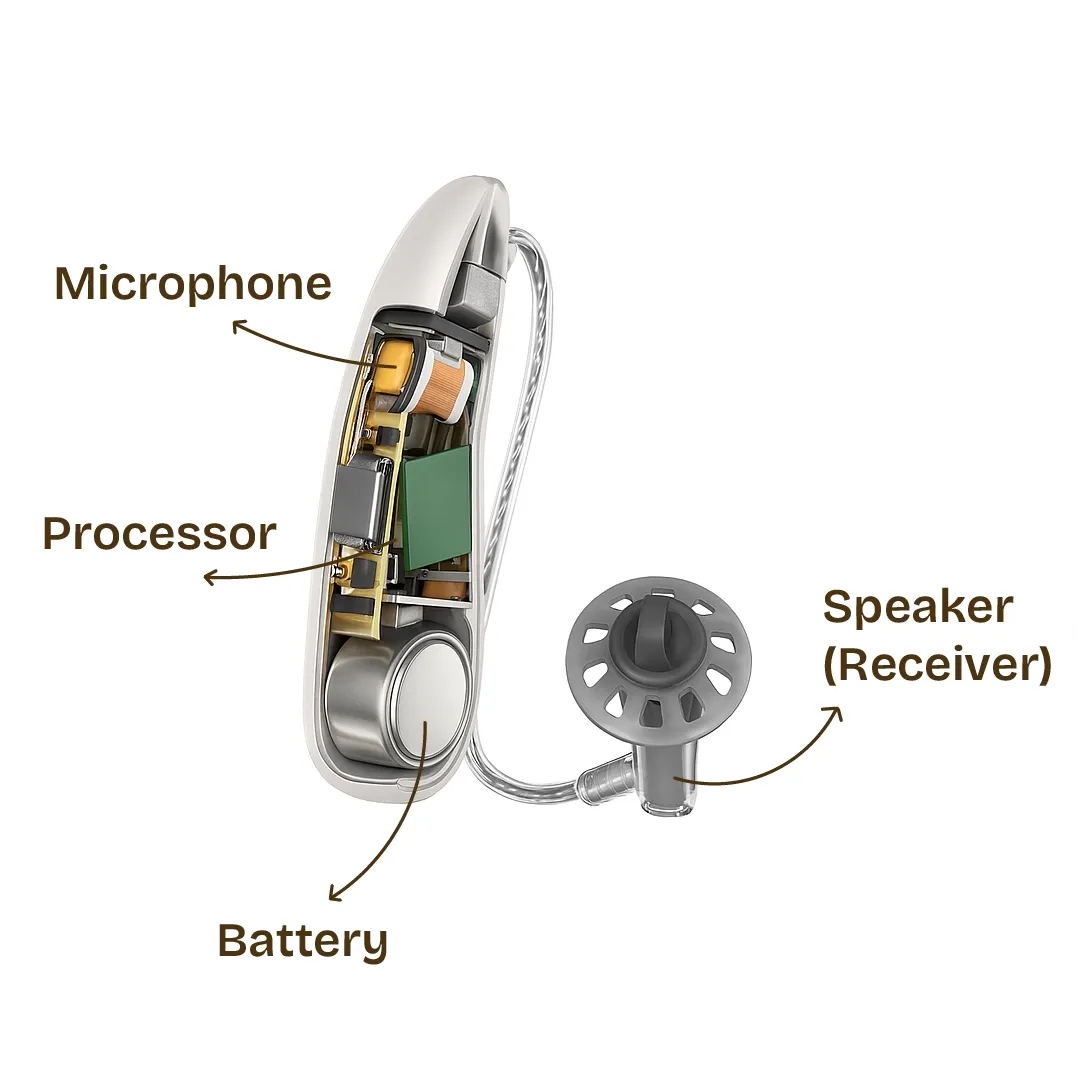Receiver In Canal hearing aid sliced into two parts to expose the internal circuitary showing microphone speaker & processor