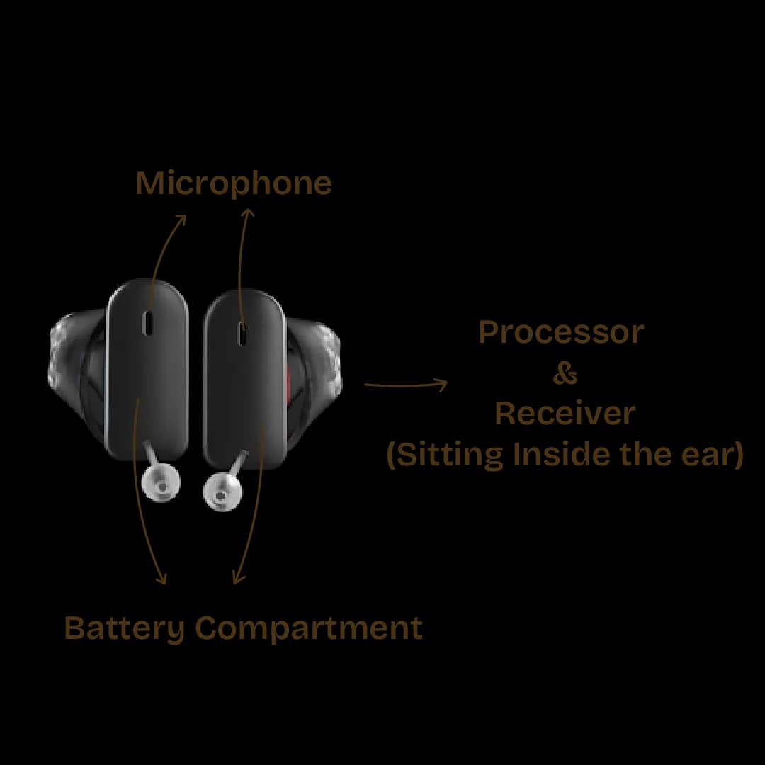 In the ear hearing aid with details of where the microphone, processor and speaker lies