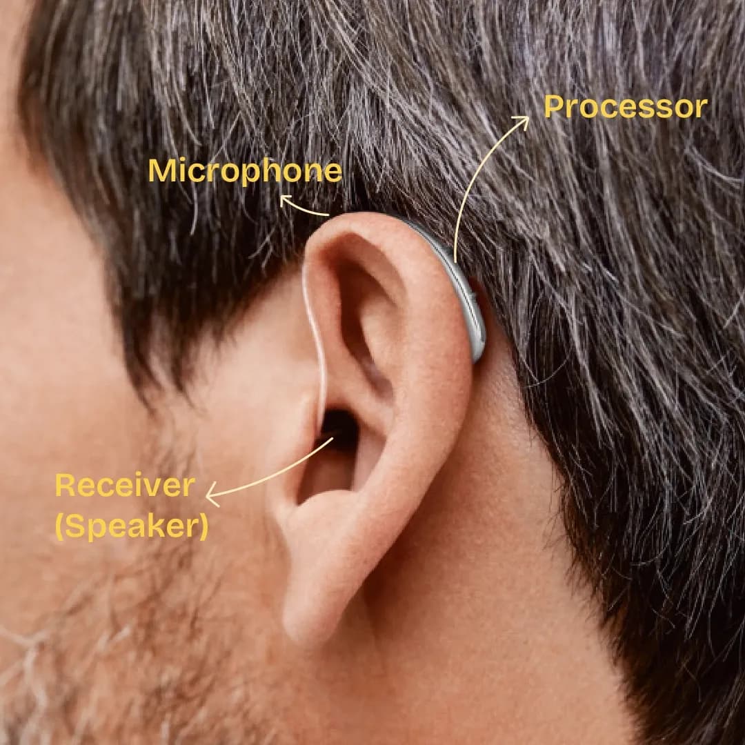 Receiver in Canal Hearing Aid cosmetic view - a person wearing it on the ear with ear mould. Components shown with arrows