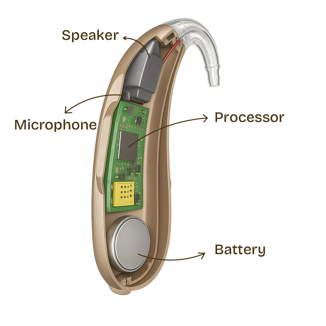 Behind the ear hearing aid sliced into two parts to expose the internal circuitary showing microphone speaker & processor