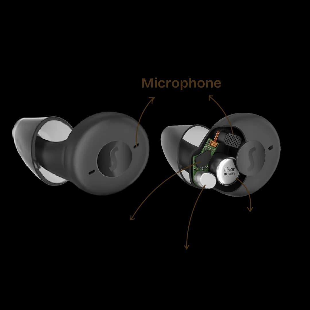 In the ear hearing aid sliced into two parts to expose the internal circuitary showing microphone speaker & processor