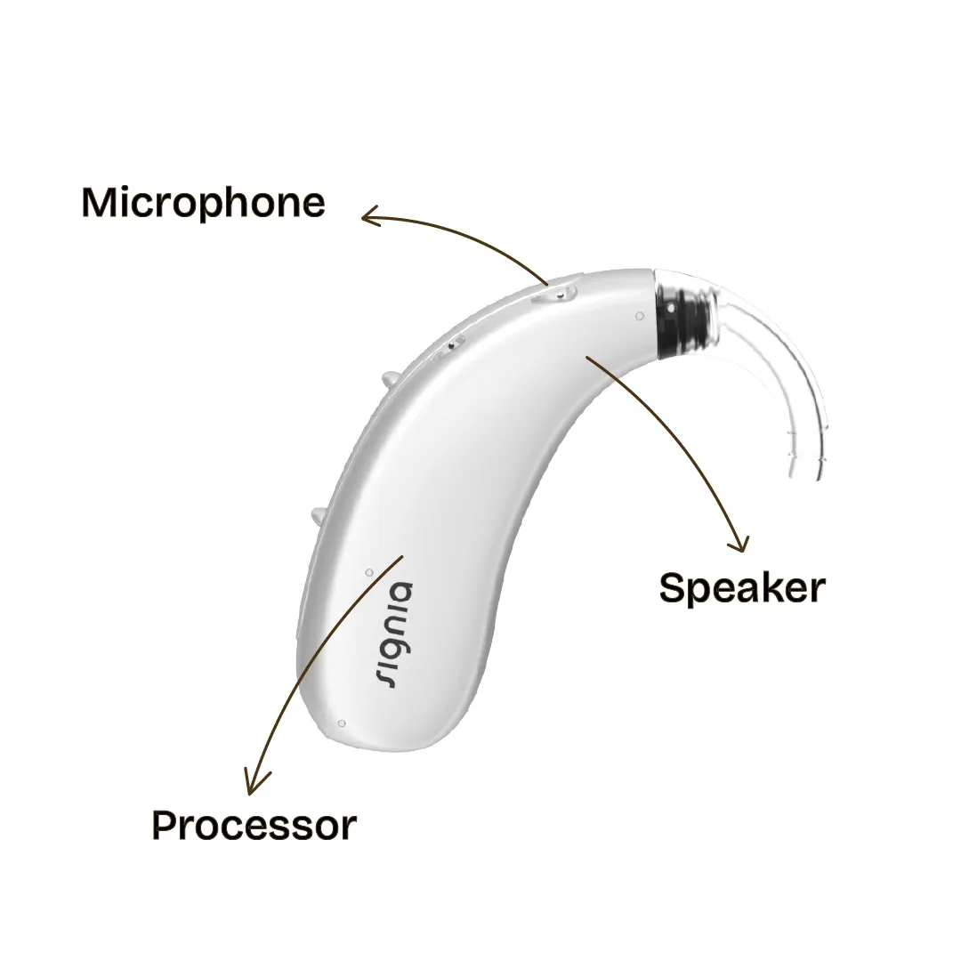 Behind the ear hearing aid with parts mentioned like speaker, microphone and the processor