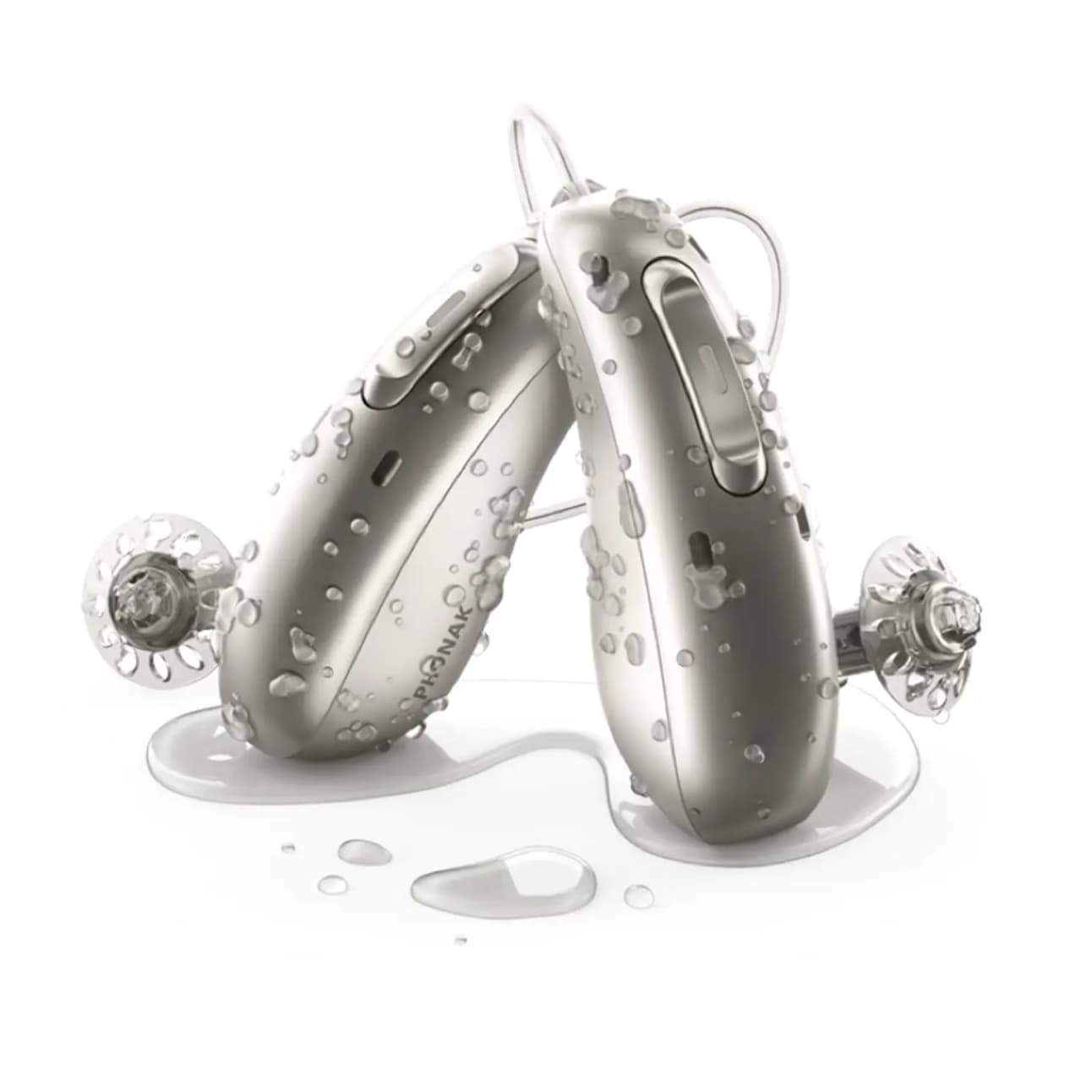 Water resistant hearing aids shown with water droplets on the hearing aid