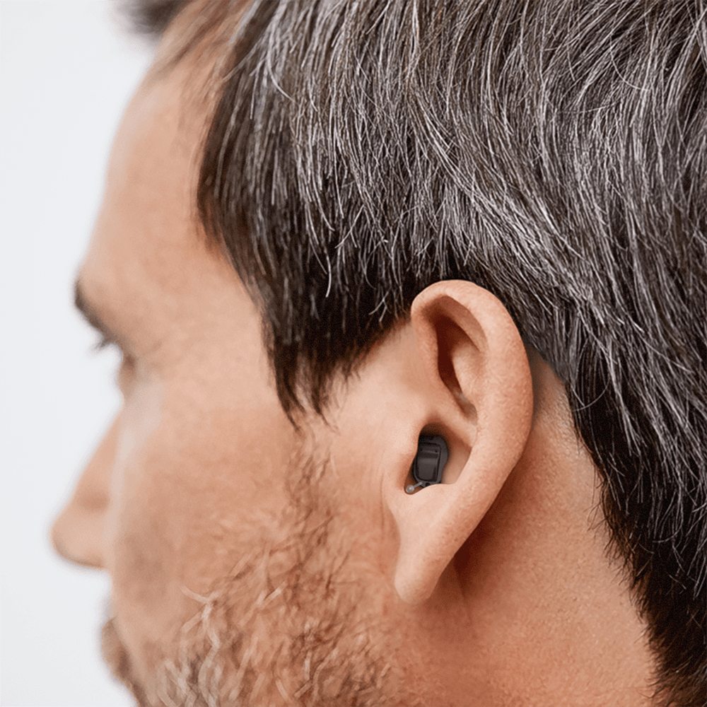 Cosmetic view of a person wearing a Invisible hearing aid which is a Inside the Canal model