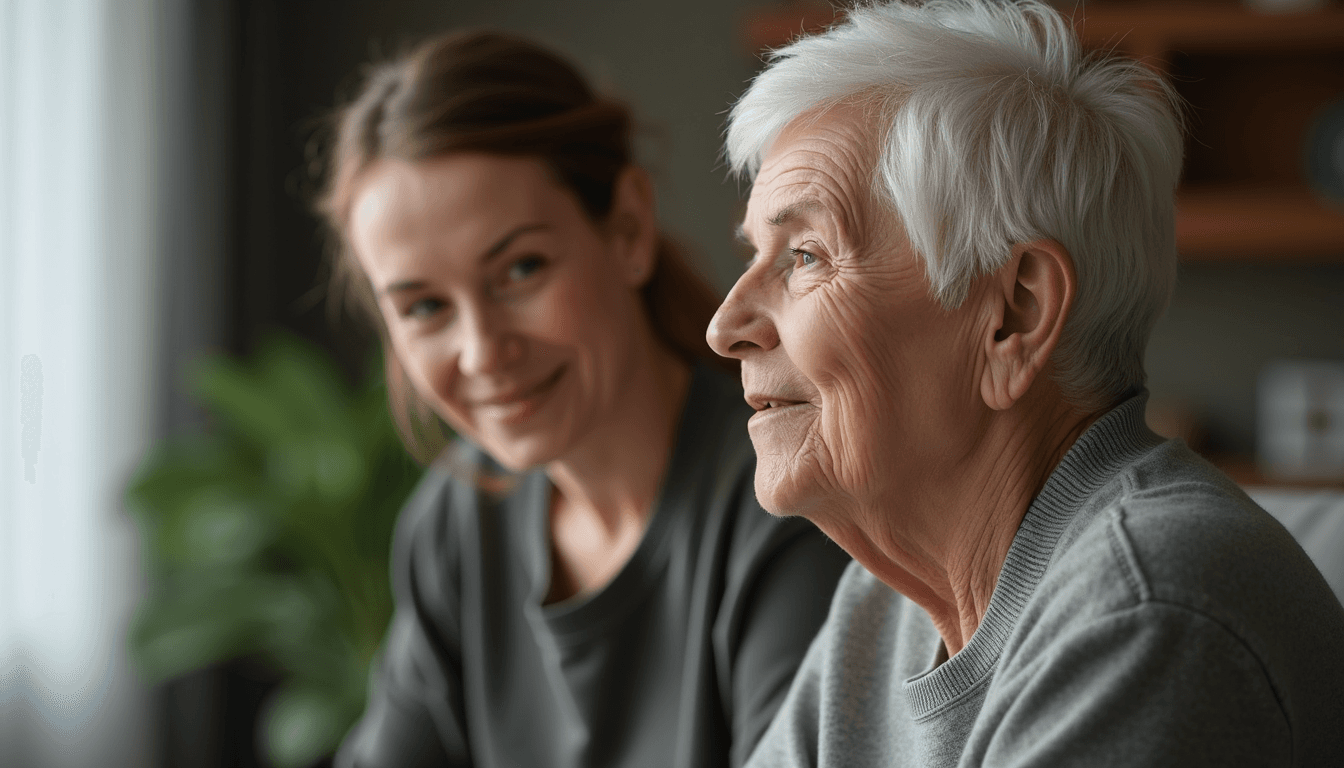 Eye-level view of a person speaking clearly to an elderly individual with hearing aids in a quiet living room