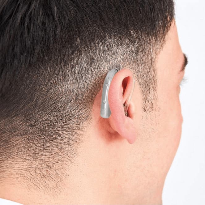 Behind the ear hearing aids worn on the ear giving the cosmetic view of the devices