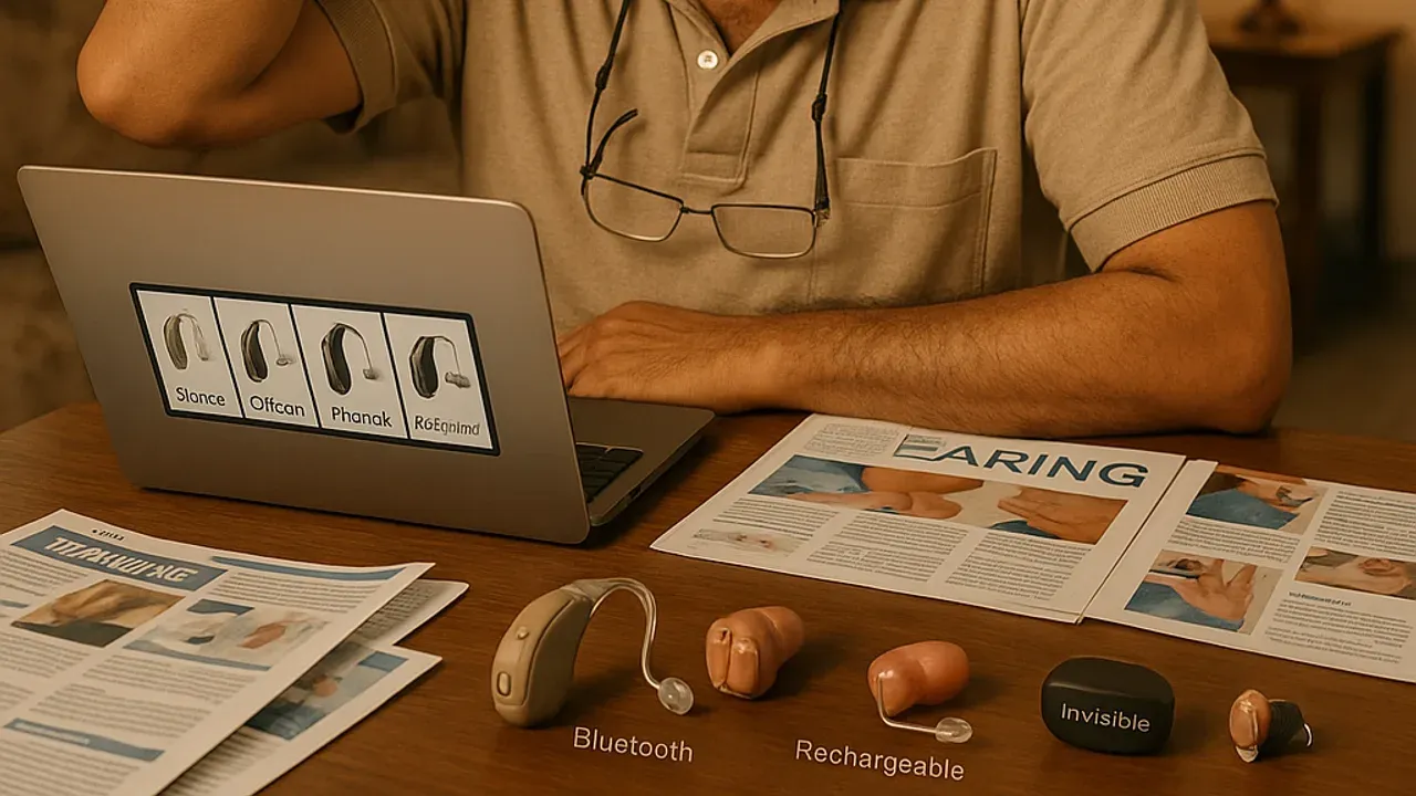 Confused Indian man overwhelmed by different hearing aid options on a table in his living room