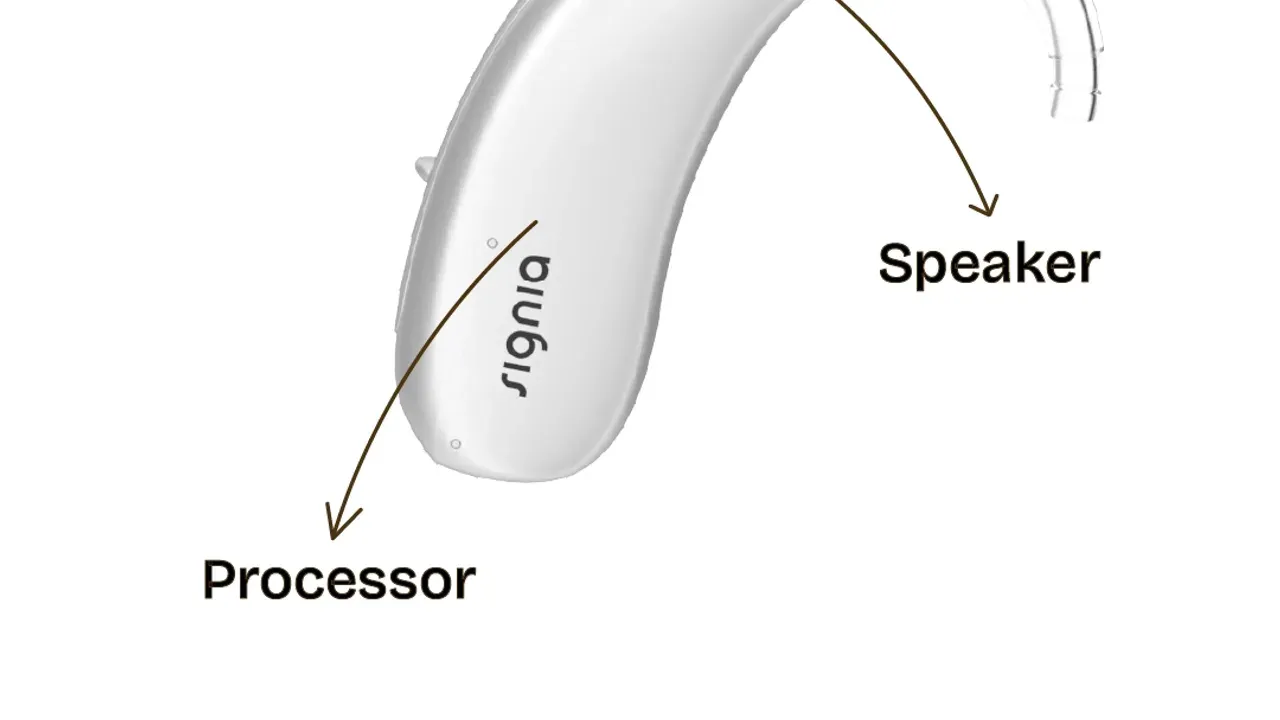Behind the ear hearing aid with parts mentioned like speaker, microphone and the processor