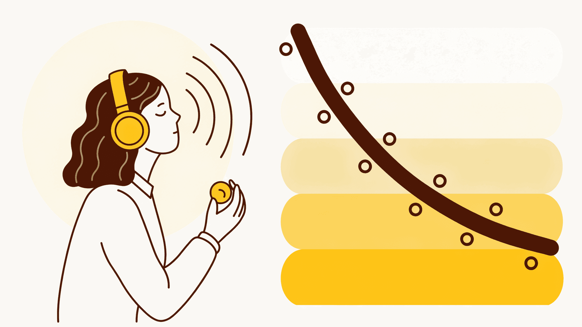 Illustration of a woman wearing audiometry headphones during a hearing test, holding a response button, beside an audiogram chart whose line descends through bands of yellow.